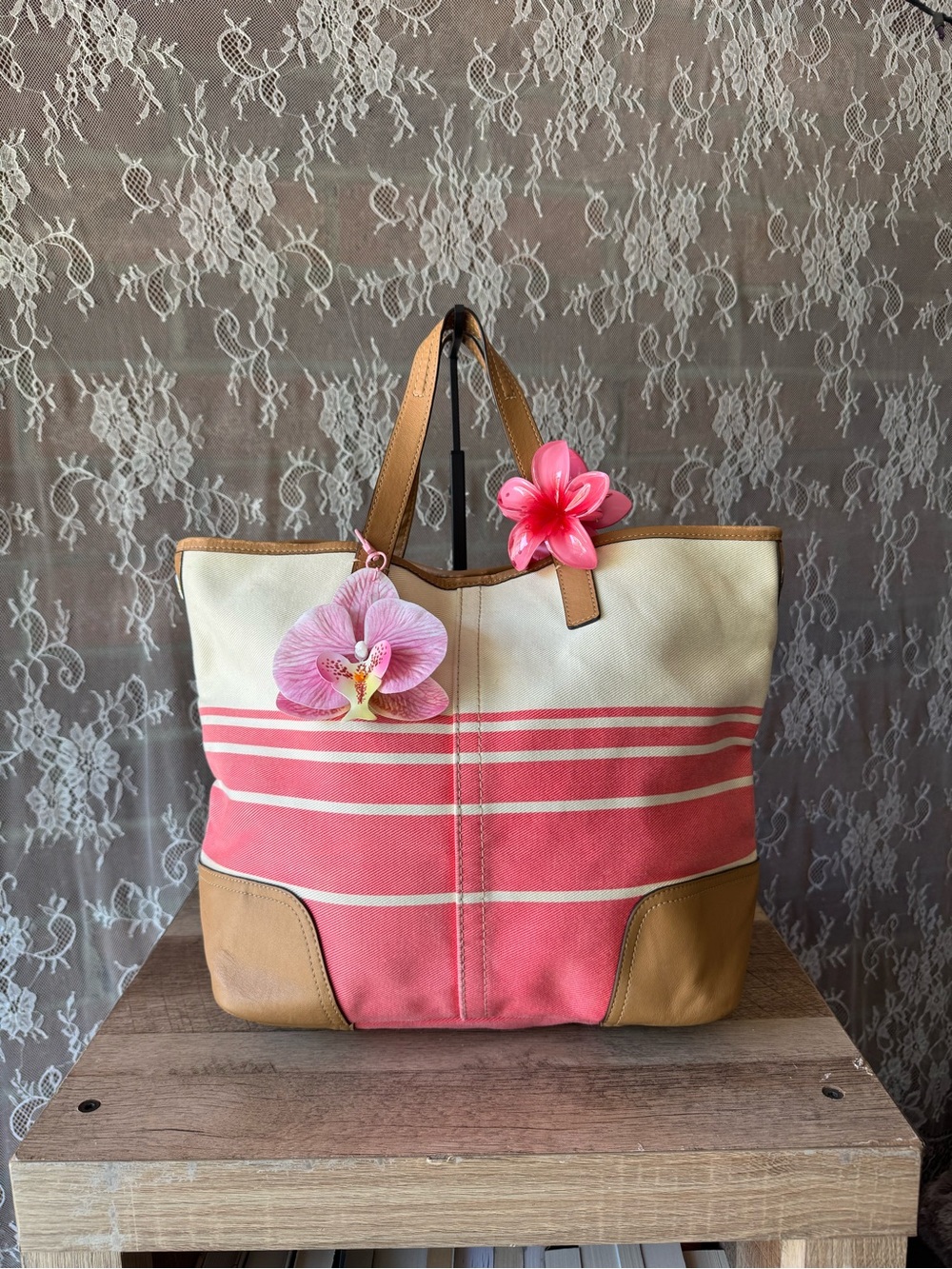 Coach Pink and Cream Canvas Stripe Tote with Tan Leather Trim